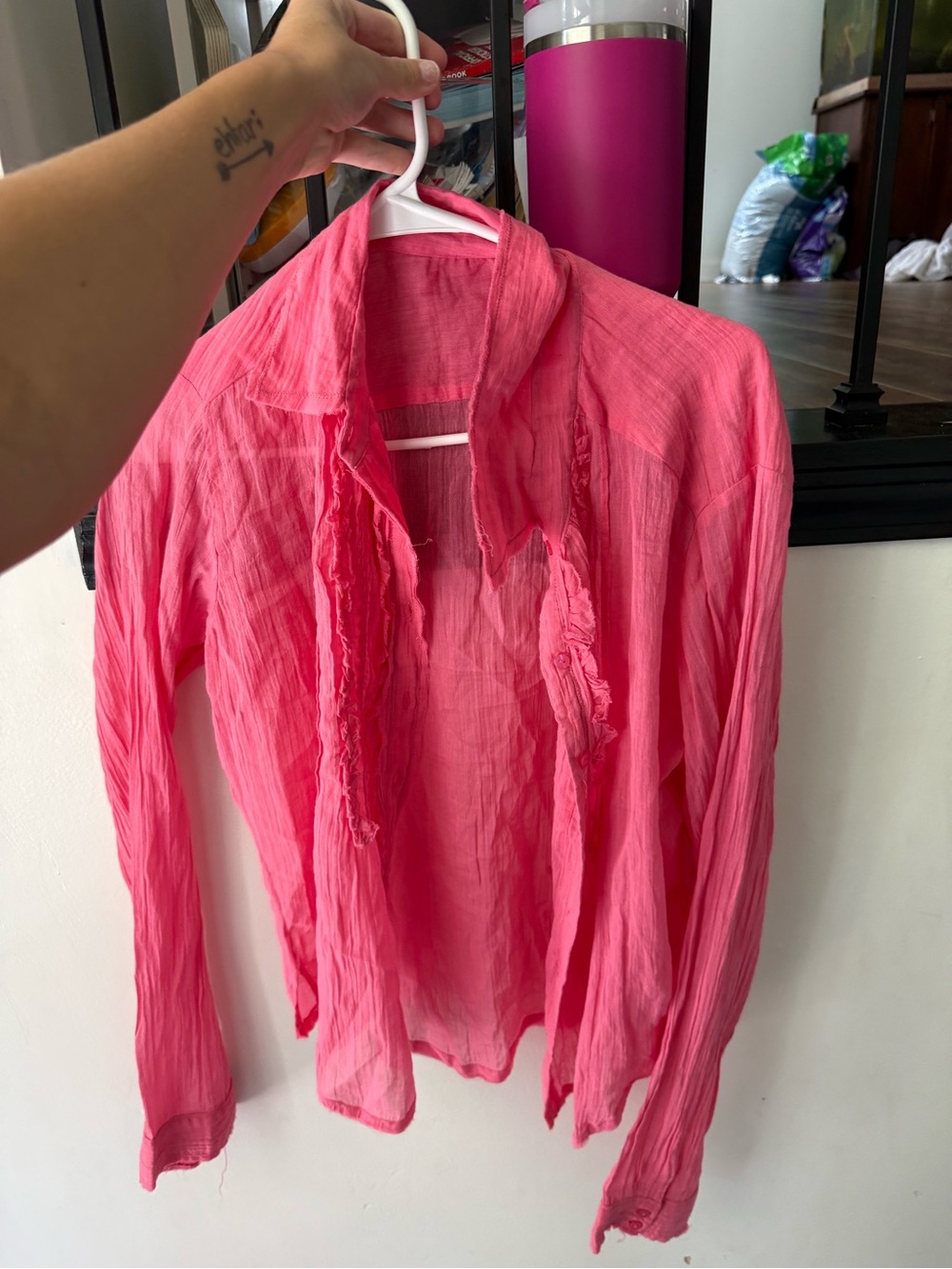 Free People One Pink Crinkle Button-Down Shirt for Women